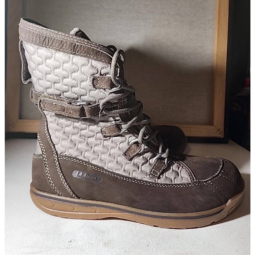 L.L. Bean Sz 8 Tek 2.5 Snow Peak Boots Dark Brown Leather Grey Quilted Shaft